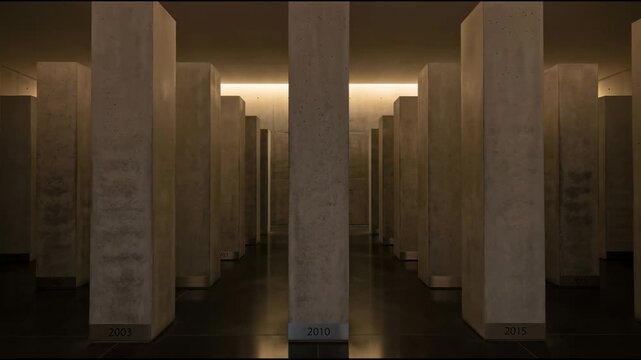 Rows of massive concrete columns engraved with years stand symmetrically in a dimly lit hall, forming a corridor-like timeline into the distance