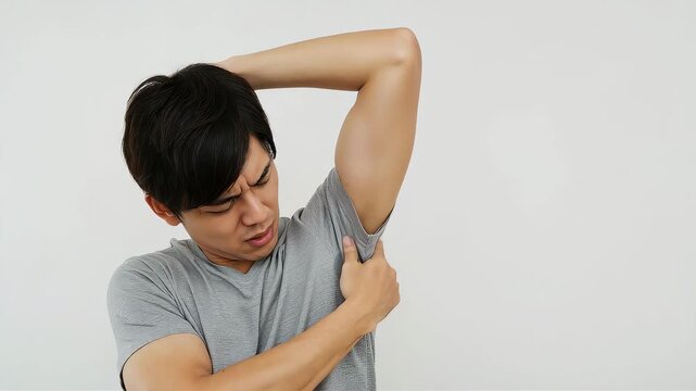 脇の汗ジミを見て困惑し、脇を押さえる若い男性