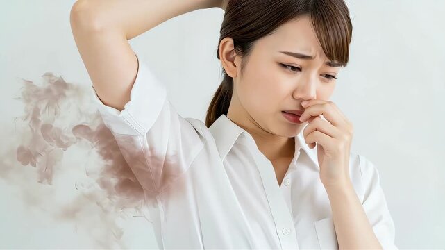 白シャツの脇から立ち上る悪臭に耐えかねる日本人女性