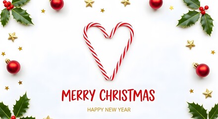 Fototapeta premium Candy canes forming heart shape with Christmas ornaments and holiday greeting on white background