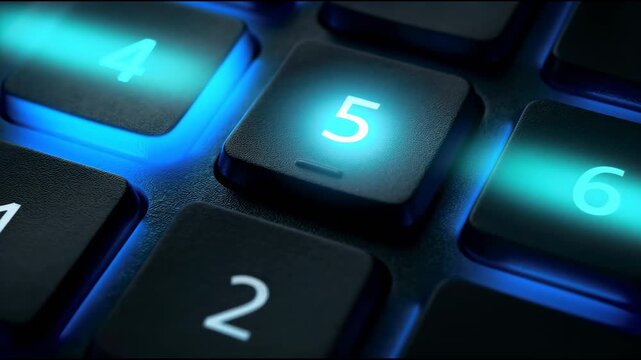 A glowing blue light sweeps across a numeric keypad as the number 5 illuminates brighter than the others and presses inward, highlighting the selected key