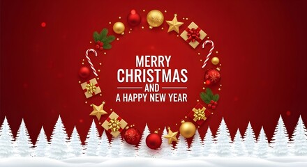 Christmas and New Year greeting card with festive decorations and snowy winter landscape