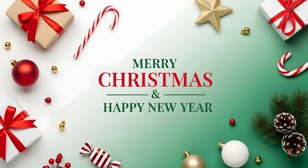Christmas and New Year greeting card with festive holiday decorations and copy space