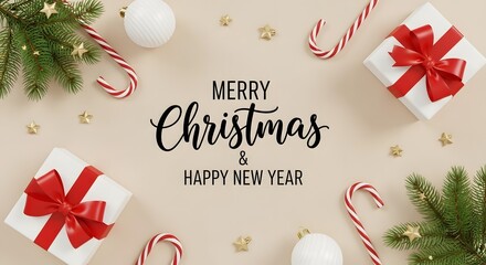 Christmas and New Year greeting with festive decorations on a beige background