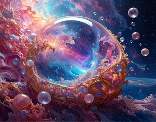 Surreal art depicting a large glass bubble containing a nebula. Bubbles float around it