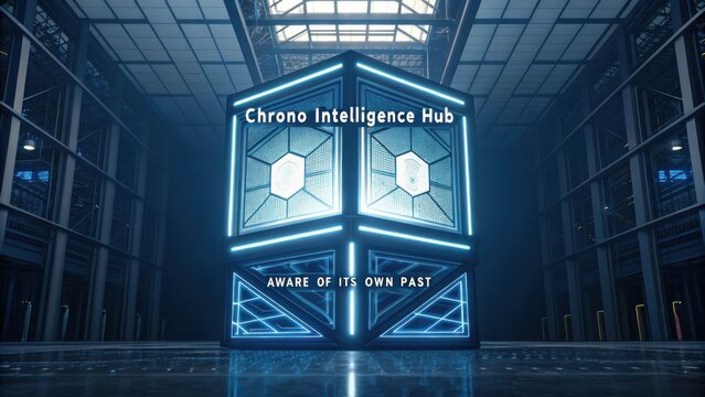 Futuristic Neon Structure with Digital Interfaces and Mystical Elements in an Industrial Space