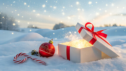 Glowing christmas gift box with red ribbon, in snowy landscape, with red ornament and candy canes under sparkling sky, symbolizing holiday magic and joy