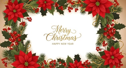 Christmas frame with red poinsettias holly berries pine branches and Merry Christmas text