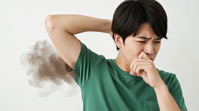 脇の強烈なニオイに顔をしかめる若い男性