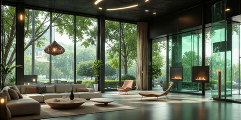 Fototapeta premium Contemporary Lounge with Floating Furniture, Glass Walls, and Pantones Chive Green Natural Lighting - A chic, contemporary lounge with floating