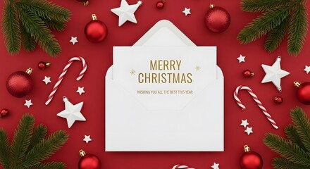 Christmas greeting card in an open envelope surrounded by festive holiday decorations