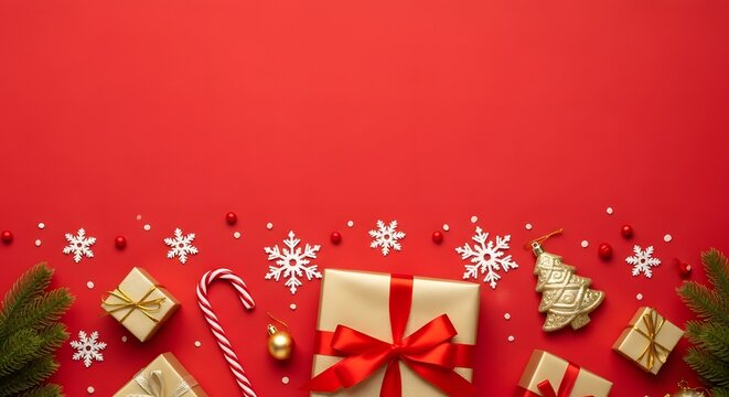 Christmas gifts snowflakes candy canes fir branches on a vibrant red background
