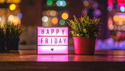 pink neon box text happy friday beside plant with bokeh night background