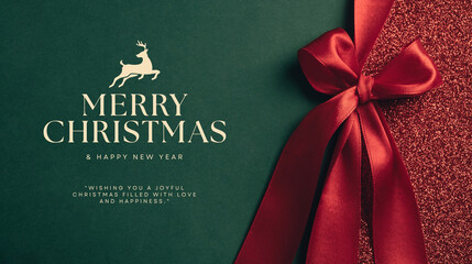 Elegant merry Christmas greeting with red ribbon and festive deer banner design