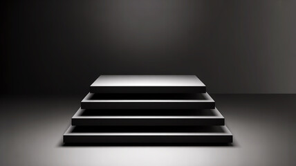 Minimalist 3D black stepped podium on sleek dark gradient background