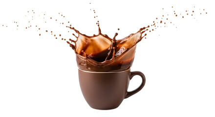 Dramatic coffee splash in brown mug against a dark background