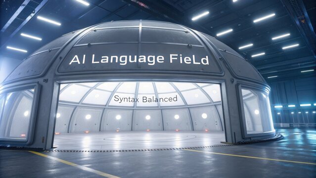 Futuristic AI Language Field Dome with Modern Design and Glowing Lights in a High-Tech Space Environment