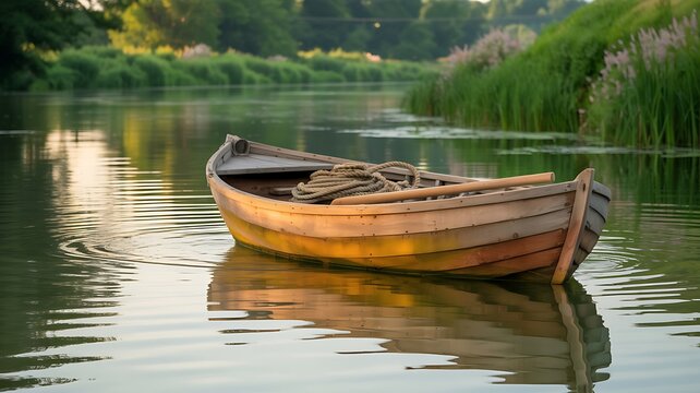 Old wooden rowboat floats peacefully on calm water with reflections