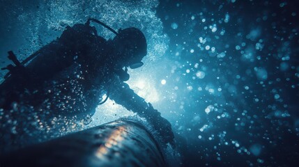 Diver Inspects Underwater Pipeline in Deep Sea Environment with Bubbles and Light Effects for Marine Exploration and Safety Studies