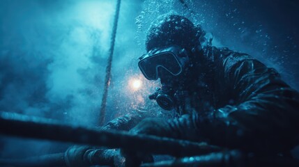 Close-Up of Diver Handling Underwater Drill Equipment in Metallic Environment with Bubbles and Blue Lighting