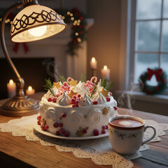 Festive cake and hot drink on a cozy table setting with Christmas decorations creating a warm holiday atmosphere