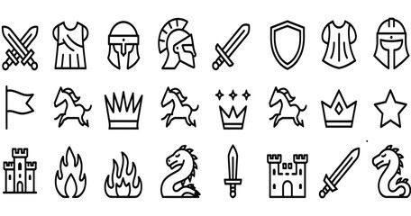 Obraz premium medieval icons set, including swords, shields, helmets, dragons, castles, and crowns, perfect for historical illustrations, fantasy games, educational materials, and vector design projects.