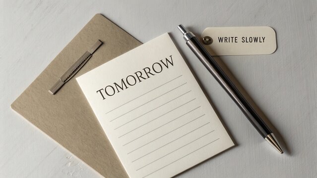 Elegant desk scene with a notepad, a pen, and a tag promoting thoughtful writing habits for creative productivity enhancement