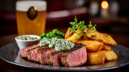 steak, fries, chips and a pint of beer