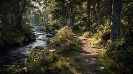 Fototapeta premium Gentle stream flows beside a tranquil forest path at sunrise