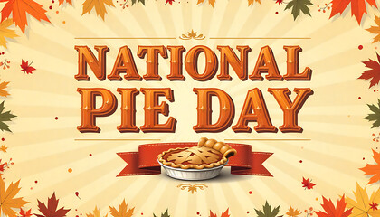 A festive national pie day graphic with leaves and a pie on a ribbon banner 4K and HD Image