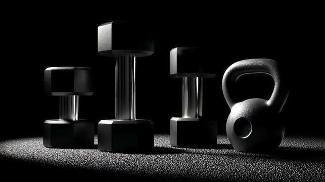 modern gym equipment, dumbbells and kettlebell