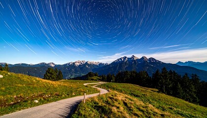 Circling stars above mountains, a winding path across green fields, and trees in a serene nature scene
