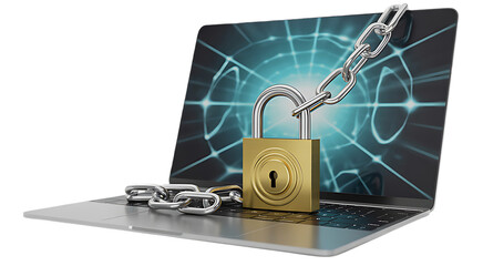 Open padlock securing laptop with digital abstract background representing data protection isolated on transparent background
