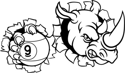 Rhino and 9 Ball Nine Ball Pool Cartoon Mascot