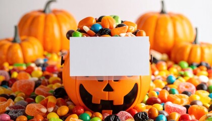 Halloween candy bucket with pumpkins, sweets, blank card, and festive background.