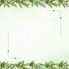 Christmas evergreen border with red berries and white space for text