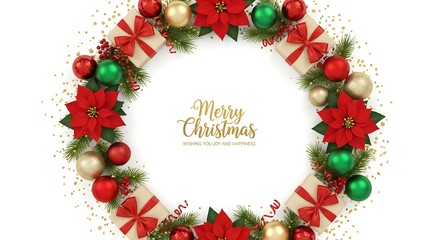 Festive holiday wreath featuring poinsettias, gift boxes, and colorful Christmas ornaments.