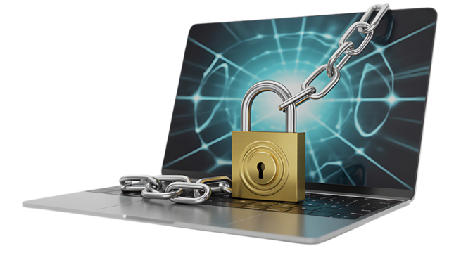 Open padlock securing laptop with digital abstract background representing data protection isolated on transparent background 
