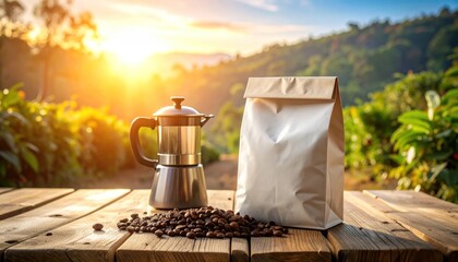 Coffee beans with maker  bag on wooden table, and mountain view.