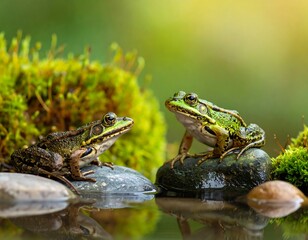 Obraz premium Two vibrant green frogs perched on wet rocks in front of verdant moss and pond