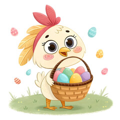 cute chicken cartoon character holding a basket of