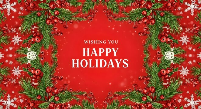 Holiday greeting card with festive pine branches red berries and snowflakes on red