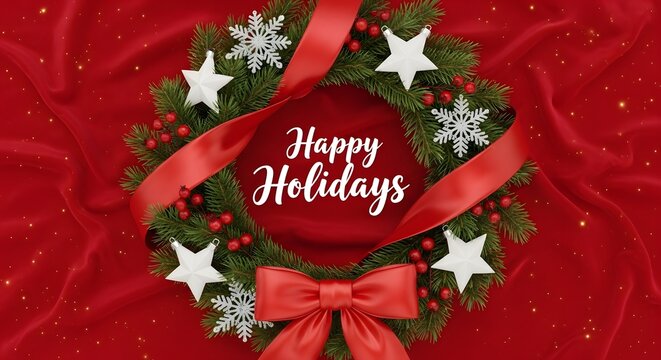 Holiday wreath with Happy Holidays text, snowflakes, stars, and red bow on red fabric. - Powered by Adobe