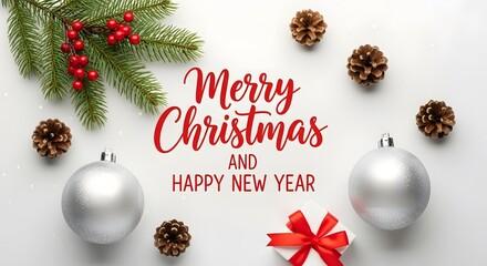Merry Christmas and Happy New Year greeting with festive holiday decorations
