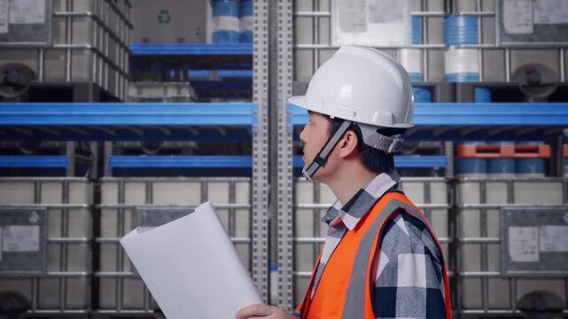 Side View of Asian Male Engineer Looking At Blueprint In His Hands While Walking at Warehouse Aisle with Chemical or Oil Barrels on Pallet Racking