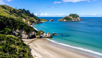 Coastal scene featuring a sandy beach, turquoise waters, and green hills under a bright, sunny sky