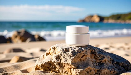 Skincare jar on rock with sunny beach, ocean background, and product mockup.