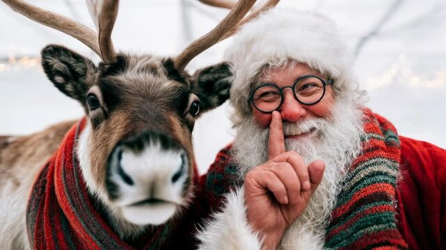 Santa playfully posing with a reindeer creating a festive joyful atmosphere filled with seasonal cheer friendly expressions and the magical spirit associated with holiday traditions