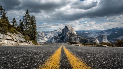 Scenic road leading to glacier point overlooking half dome in yosemite national park california with majestic mountain views and lush forest landscape