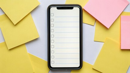 A smartphone displays a blank to-do list surrounded by colorful sticky notes, emphasizing organization and productivity.